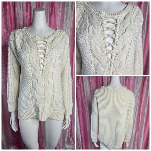 Express Cream Cable Knit Low Cut Lace Up Sweater Size Small - Picture 1 of 12
